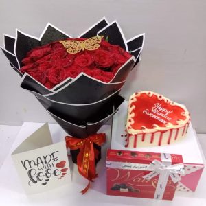 50 Stems or red roses with red velvet cake and chocolate