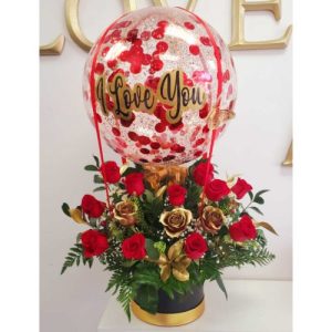 Red-and-Gold-Roses-Flower-Arrangement-with-Big-I-Love-You-Balloon in Nairobi