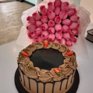 Pure Love Bloom Package - 1kg Chocolate Cake + 50 Stems Pink Roses